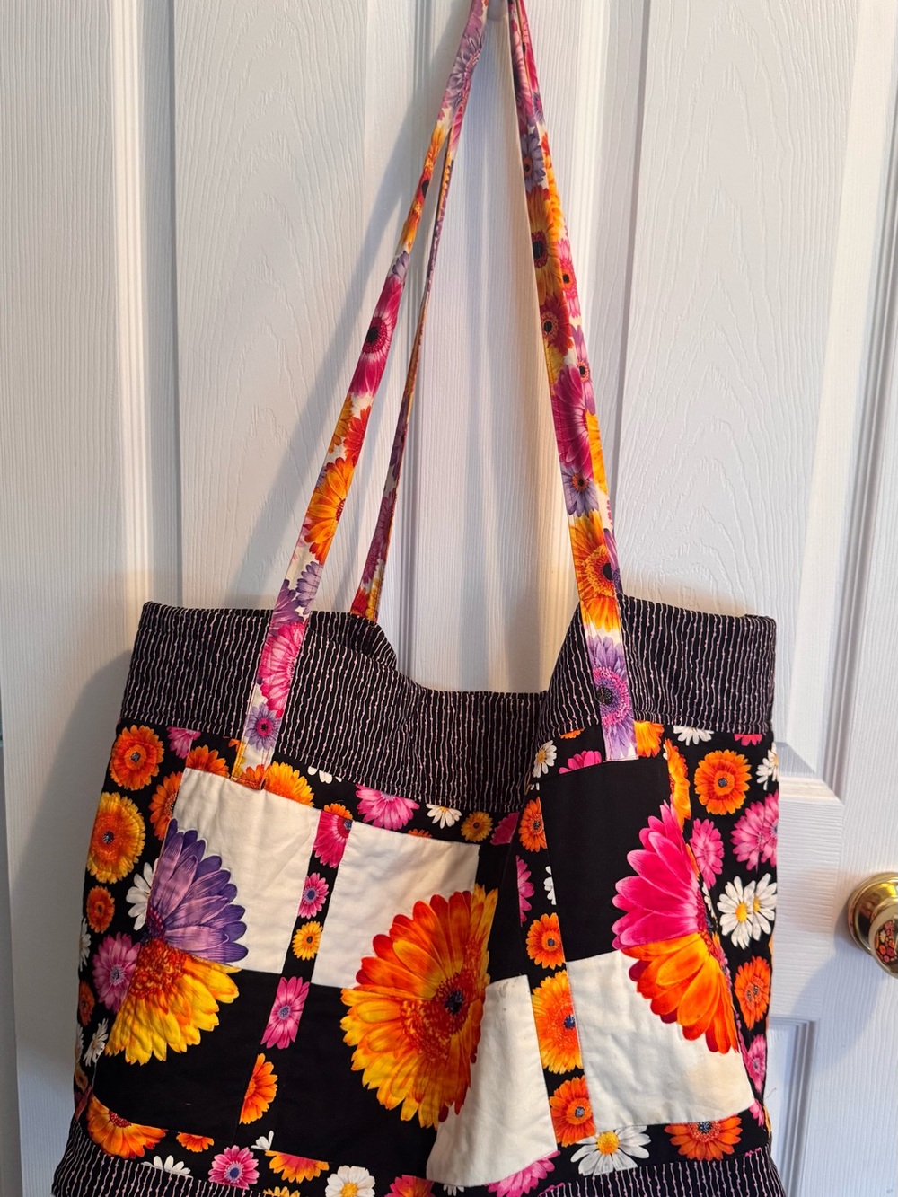 Handmade Floral Patchwork Tote Bag in Black, Pink & Orange